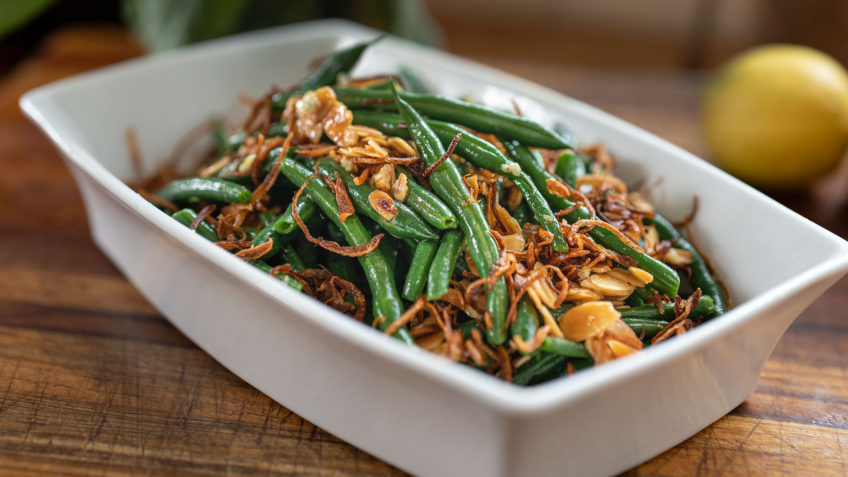 Garlic Green Beans Almondine with Crispy Shallots